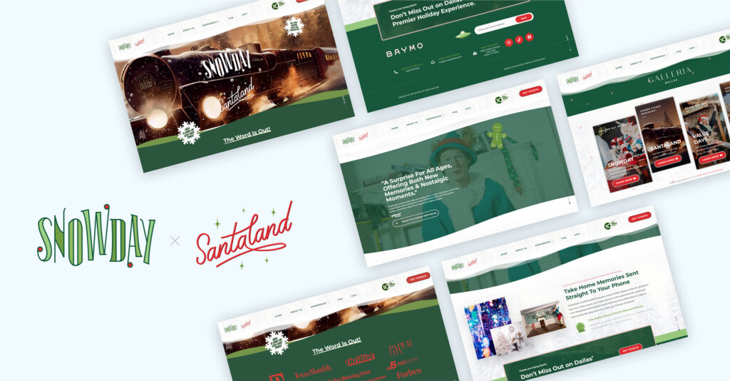 A collage of different web pages for a "SNOWDAY x Santaland" holiday event.