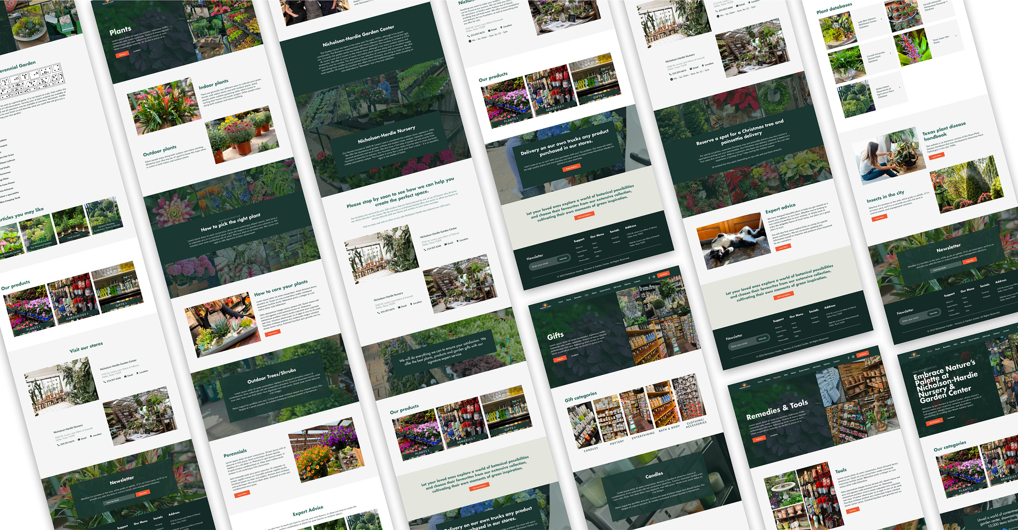 A collage of web pages for a garden center, featuring plants, products, and gardening advice.