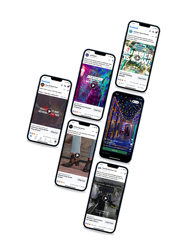 Multiple phones showcasing Facebook video ads and branded promotional content