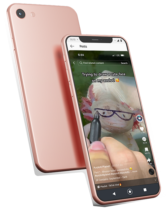 Pink phone showing viral TikTok of axolotl being drawn on with black marker
