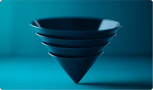 Abstract 3D funnel shape flipped upside down on a teal background