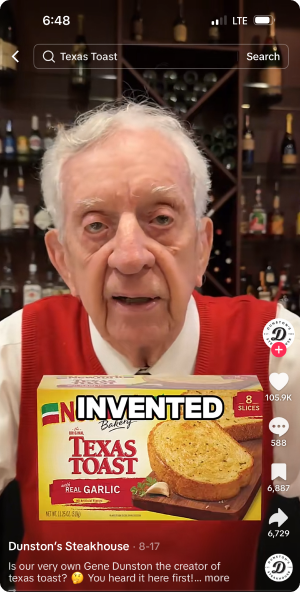 Elderly man on video with Texas Toast garlic bread box and invented label overlay