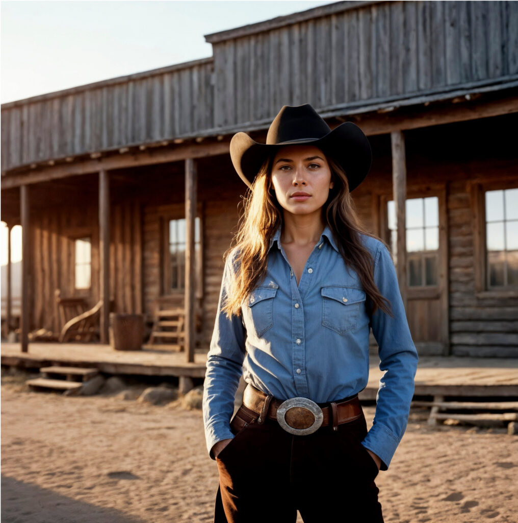 A woman in a cowboy hat and denim shirt stands in front of a rustic wooden building.