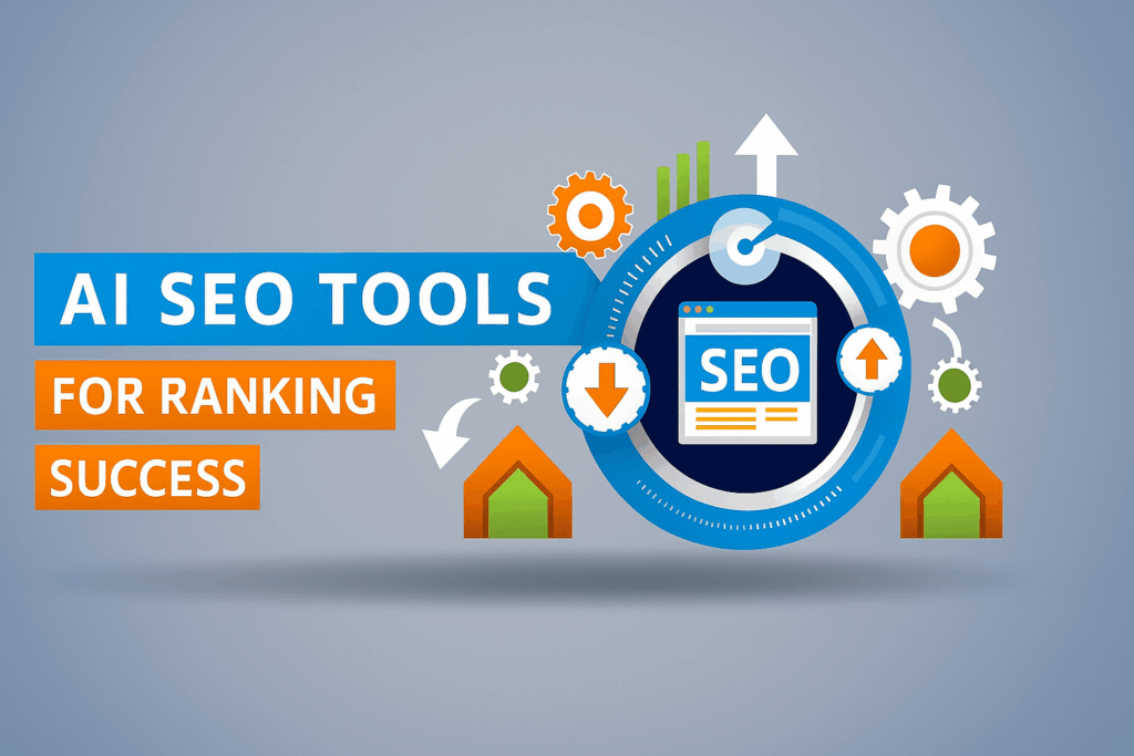 Illustration showing AI SEO tools with gears, graphs, and ranking icons for success
