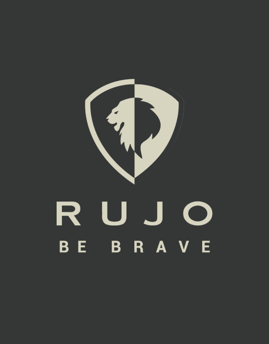 RUJO brand lion shield logo with the slogan Be Brave on dark background