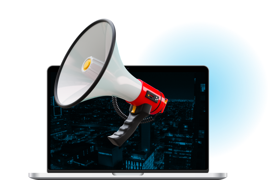 Red megaphone popping out of laptop screen symbolizing digital marketing outreach