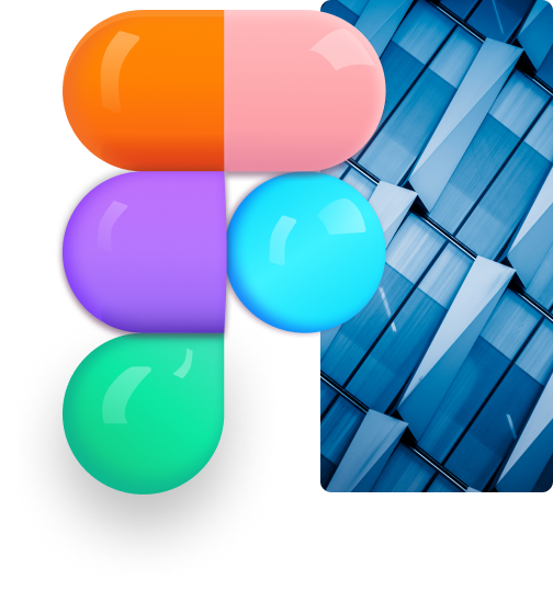 3D Figma logo in front of abstract geometric blue architectural pattern
