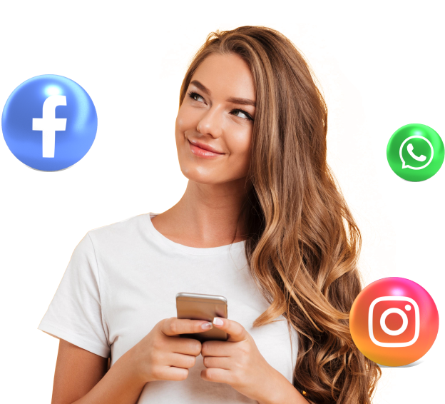Smiling woman holding phone surrounded by Facebook, Instagram, and WhatsApp icons