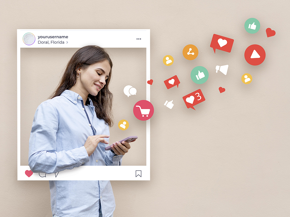 Woman using smartphone with social media engagement icons floating around her post