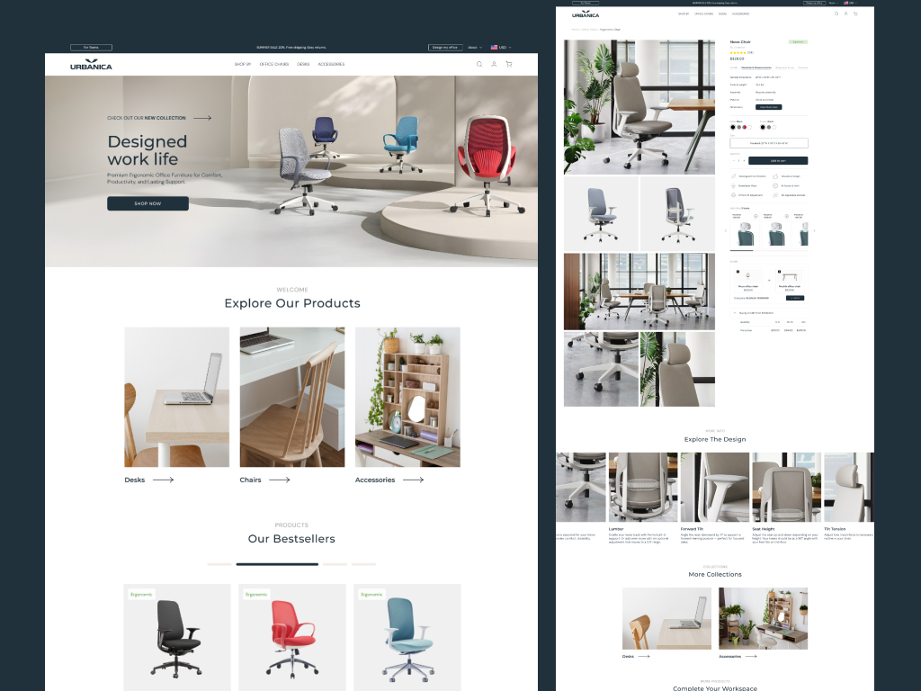 A website homepage and product page for Urbanica, a company selling office chairs and desks.