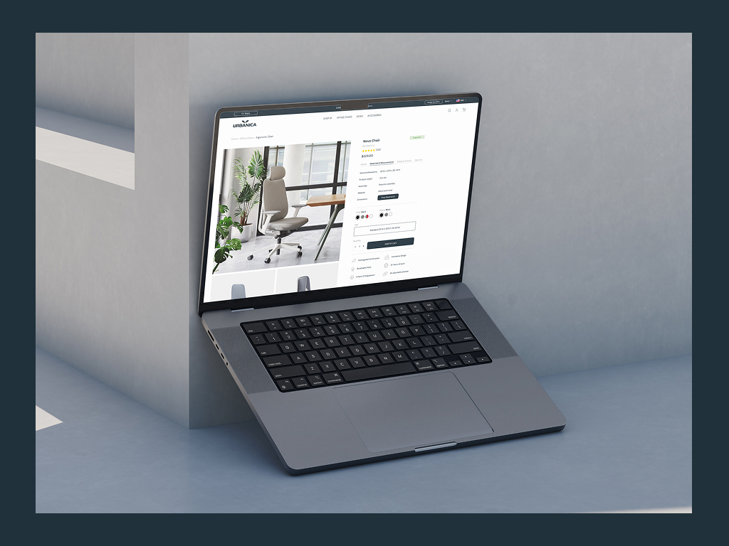 Laptop displaying Urbanica ergonomic chair product page in modern setting
